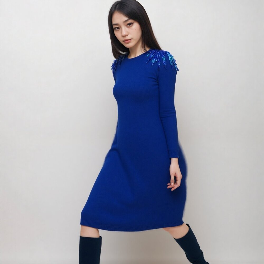 Vintage Silvercord Petites Sequin Accent Sweater Dress Electric Blue Sz L